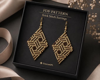 May include: A pair of diamond-shaped brick stitch earrings featuring a geometric pattern in brown and gold beads. The earrings are displayed in a black box with the text PDF PATTERN Brick Stitch Earrings and the brand name EmerantPL.
