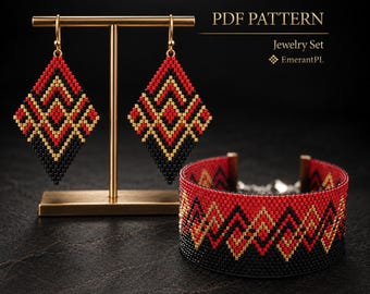 May include: A jewelry set featuring two diamond-shaped beaded earrings and a wide beaded cuff bracelet. The pieces display a geometric pattern in red, black, and gold beads. Text on the image reads PDF PATTERN Jewelry Set EmerantPL.