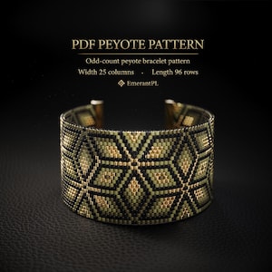 May include: A PDF peyote pattern for an odd-count peyote bracelet with a width of 25 columns and a length of 96 rows by EmerantPL. The bracelet features a geometric design in black, olive green, and metallic gold seed beads.