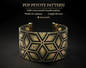 May include: A PDF peyote pattern for an odd-count peyote bracelet with a width of 25 columns and a length of 96 rows by EmerantPL. The bracelet features a geometric design in black, olive green, and metallic gold seed beads.