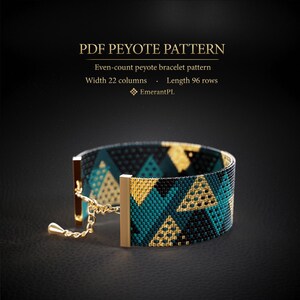 May include: A beaded peyote bracelet with a geometric pattern in teal, gold, and black. The bracelet has gold-colored metal end pieces and a chain clasp. The text "PDF PEYOTE PATTERN" is at the top of the image.
