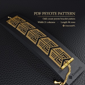 Può includere: Un motivo per bracciale peyote nero e oro. Il bracciale è realizzato con perline dorate con dettagli neri. Il testo "PDF PEYOTE PATTERN" è in alto. Il bracciale è largo 21 colonne e lungo 96 file.
