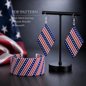 May include: A PDF pattern for brick stitch earrings and a peyote bracelet featuring a red, white, and blue diagonal striped design. The jewelry set includes diamond-shaped beaded earrings on a black stand and a matching beaded cuff bracelet.