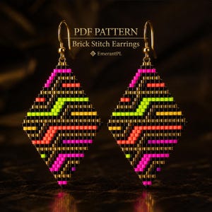 May include: A pair of diamond-shaped brick stitch earrings featuring a geometric pattern of black, gold, neon pink, neon green, and orange beads. The text PDF PATTERN Brick Stitch Earrings EmerantPL is centered above the earrings.