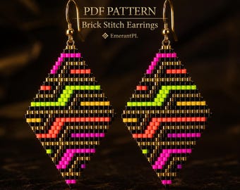 May include: A pair of diamond-shaped brick stitch earrings featuring a geometric pattern of black, gold, neon pink, neon green, and orange beads. The text PDF PATTERN Brick Stitch Earrings EmerantPL is centered above the earrings.