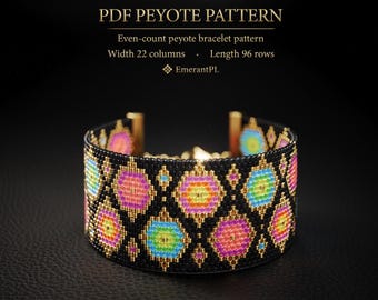 May include: A PDF peyote pattern for an even-count peyote bracelet with a width of 22 columns and a length of 96 rows by EmerantPL. The bracelet features a black background with repeating geometric shapes in neon pink, blue, and yellow.