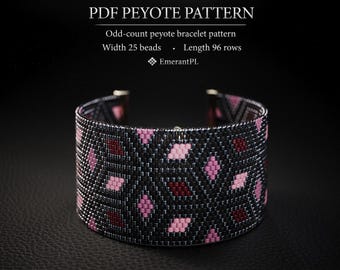 May include: A PDF peyote pattern for an odd-count peyote bracelet with a width of 25 beads and a length of 96 rows. The bracelet features a geometric diamond design in black, light pink, and dark red beads, labeled with the text EmerantPL.