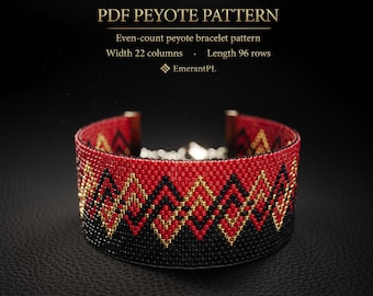 May include: A PDF peyote pattern for an even-count peyote bracelet with a width of 22 columns and a length of 96 rows by EmerantPL. The bracelet features a geometric chevron design in red, black, and gold beads with a metallic clasp.