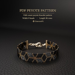 May include: A black and gold beaded peyote bracelet with a geometric pattern. The bracelet has a silver clasp and is displayed on a dark surface. The image includes text that reads "PDF PEYOTE PATTERN".