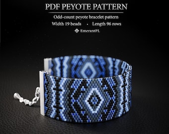 May include: A PDF peyote pattern for an odd-count peyote bracelet with a width of 19 beads and a length of 96 rows by EmerantPL. The bracelet features a geometric diamond design in shades of blue, black, gray, and white with a silver clasp.