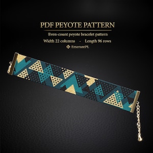 May include: A beaded peyote bracelet with a geometric pattern in teal, black, and gold. The bracelet has a gold clasp and chain. The image includes the text "PDF PEYOTE PATTERN" and details about the pattern's width and length.