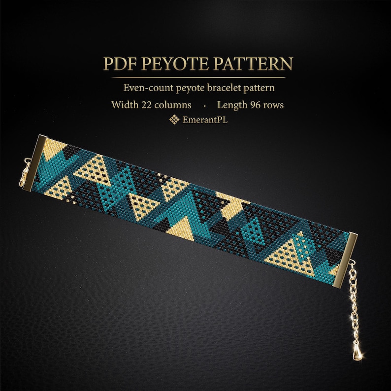 May include: A beaded peyote bracelet with a geometric pattern in teal, black, and gold. The bracelet has a gold clasp and chain. The image includes the text "PDF PEYOTE PATTERN" and details about the pattern's width and length.