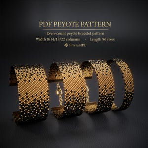 Könnte beinhalten: Vier Armbänder mit Perlenbesatz und einem Farbverlauf von Schwarz zu Gold. Die Armbänder sind durch goldfarbene Verschlüsse verbunden. Das Bild enthält den Text "PDF PEYOTE PATTERN" und "Even-count peyote bracelet pattern."