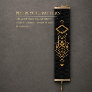 Op de afbeelding: Een PDF peyote patroon voor een oneven aantal peyote armband. Het ontwerp heeft een zwarte achtergrond met een geometrisch gouden kralenpatroon. De tekst bevat PDF PEYOTE PATTERN, Odd-count peyote bracelet pattern, Width 27 columns, Length 96 rows, EmerantPL.