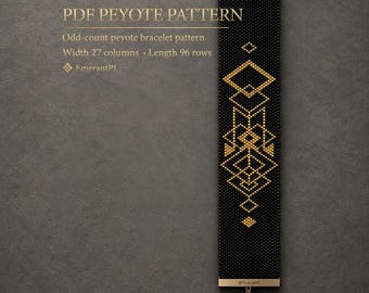 May include: A PDF peyote pattern for an odd-count peyote bracelet. The design features a black background with a geometric gold bead pattern. Text includes PDF PEYOTE PATTERN, Odd-count peyote bracelet pattern, Width 27 columns, Length 96 rows, and EmerantPL.