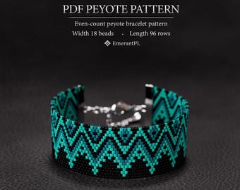 May include: A beaded bracelet with a black and teal zigzag pattern. The bracelet is made with small beads and has a silver clasp. The text "PDF PEYOTE PATTERN" is at the top of the image.