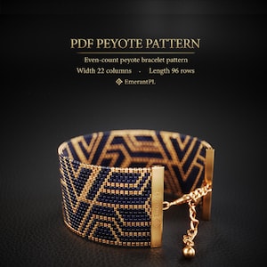 May include: A beaded peyote bracelet with a geometric pattern in navy blue and gold. The bracelet has gold-colored metal clasps and a chain. The image includes the text "PDF PEYOTE PATTERN" and details about the pattern's width and length.