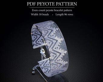 May include: A PDF peyote pattern for an even-count peyote bracelet with a width of 18 beads and a length of 96 rows. The image displays a silver and black beaded bracelet featuring a geometric zigzag design, a lobster clasp, and a chain.
