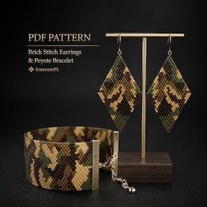 May include: A PDF pattern for brick stitch earrings and a peyote bracelet featuring a camouflage design in shades of green, brown, and tan. The image displays diamond-shaped beaded earrings on a gold stand and a matching wide beaded cuff bracelet.
