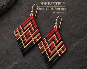 May include: A pair of diamond-shaped brick stitch earrings featuring a geometric pattern in red, black, and gold beads with gold-tone ear wires. The text PDF PATTERN Brick Stitch Earrings EmerantPL is visible in the upper right corner of the image.