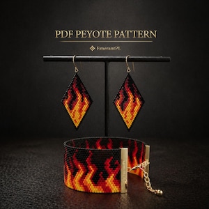 May include: A black beaded bracelet and matching diamond-shaped earrings with a flame design in red, orange, and yellow. The jewelry is displayed on a black stand against a dark background. The text "PDF PEYOTE PATTERN" is at the top.