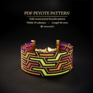 Könnte beinhalten: Ein Perlenarmband mit einem geometrischen Labyrinth-Muster in Neongrün, Orange, Rot und Lila auf schwarzem Grund. Der Text lautet: PDF PEYOTE PATTERN, Odd-count peyote bracelet pattern, Width 19 columns, Length 96 rows, EmerantPL.