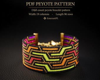 May include: A beaded bracelet featuring a geometric maze pattern in neon green, orange, red, and purple on a black background. The text reads: PDF PEYOTE PATTERN, Odd-count peyote bracelet pattern, Width 19 columns, Length 96 rows, EmerantPL.