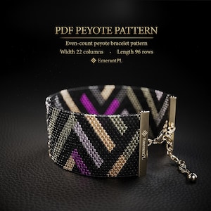May include: A beaded bracelet featuring an even-count peyote pattern with black, gold, purple, and silver geometric chevron stripes. The bracelet includes gold-tone metal end bars and an adjustable chain. Text reads: PDF PEYOTE PATTERN.