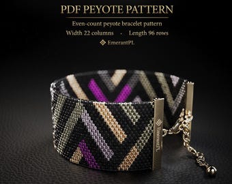 May include: A beaded bracelet featuring an even-count peyote pattern with black, gold, purple, and silver geometric chevron stripes. The bracelet includes gold-tone metal end bars and an adjustable chain. Text reads: PDF PEYOTE PATTERN.