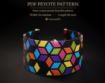 May include: A beaded bracelet featuring a geometric diamond pattern in vibrant yellow, pink, blue, green, orange, and purple on a black background. Text reads: PDF PEYOTE PATTERN, Even-count peyote bracelet pattern, Width 24 columns, Length 96 rows, EmerantPL.