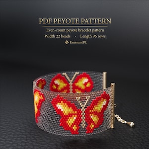 Puede incluir: Un brazalete de cuentas con un diseño de mariposa. El brazalete está hecho con cuentas rojas, amarillas y blancas. El texto "PDF PEYOTE PATTERN" es visible. El brazalete es un patrón peyote de conteo par, de 22 cuentas de ancho y 96 filas de largo.