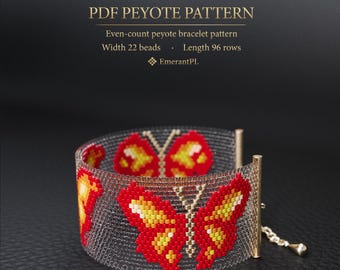 May include: A beaded bracelet with a butterfly design. The bracelet is made with red, yellow, and white beads. The text "PDF PEYOTE PATTERN" is at the top. The bracelet is an even-count peyote pattern, 22 beads wide and 96 rows long.