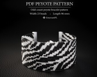 May include: A PDF peyote pattern for an odd-count peyote bracelet with a width of 23 beads and a length of 96 rows by EmerantPL. The bracelet features a black and white zebra-like striped design created with small, uniform beads.
