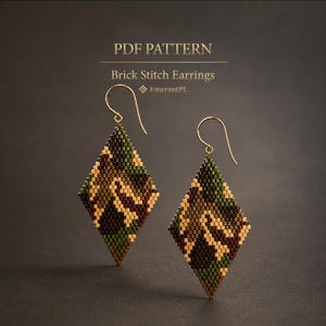 May include: A pair of diamond-shaped brick stitch earrings featuring a camouflage pattern in shades of green, brown, and tan. The earrings hang from gold-toned metal hooks. The text PDF PATTERN Brick Stitch Earrings EmerantPL is visible.