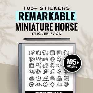Puede incluir: Una tableta digital muestra un paquete de pegatinas con más de 105 pegatinas. Las pegatinas presentan ilustraciones con temática de caballos en miniatura. El texto en la parte superior dice "105+ Stickers Remarkable Miniature Horse Sticker Pack."