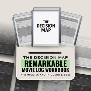 Könnte beinhalten: Ein digitales Arbeitsbuch mit dem Titel "The Decision Map" und "Remarkable Movie Log Workbook". Das Bild zeigt ein Tablet mit dem geöffneten Arbeitsbuch sowie mehrere andere Tablets. Das Arbeitsbuch enthält 4 Vorlagen in Farbe und Schwarzweiß.
