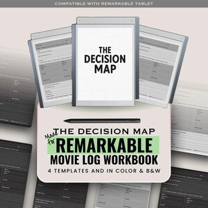 May include: A digital workbook titled The Decision Map for Remarkable tablets, featuring a black stylus and multiple template pages in color and black and white. The text reads The Decision Map, Made for Remarkable, and Movie Log Workbook.