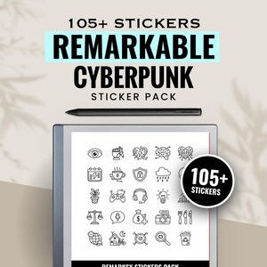 May include: A digital sticker pack featuring 105+ black and white line art icons with cyberpunk themes displayed on a tablet screen. The set includes symbols for technology, nature, and daily tasks, accompanied by a black stylus pen above the device.