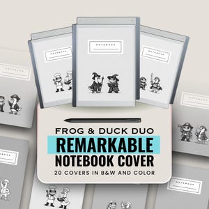 Puede incluir: Una colección de cubiertas grises para cuadernos Remarkable con varias ilustraciones de personajes de dibujos animados. Las cubiertas presentan el texto "NOTEBOOK" y van acompañadas de un lápiz óptico negro. También se ve el texto "FROG & DUCK DUO REMARKABLE NOTEBOOK COVER".
