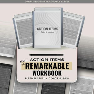 Może przedstawiać: Zestaw cyfrowych skoroszytów do tabletów Remarkable z wieloma szablonami w linie, czarnym rysikiem oraz tekstem: Action Items, Tasks to be done, Made for Remarkable Workbook i 8 Templates in Color & B&W.