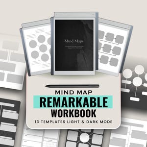 May include: A digital mind map workbook with a black stylus and a tablet displaying "Mind Maps." The workbook includes 13 templates for light and dark modes. The text "Remarkable Workbook" is prominently displayed.