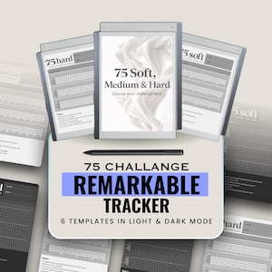 Op de afbeelding: Een digitale planner voor de Remarkable tablet, met de tekst "75 Soft, Medium & Hard" en "75 Challenge Remarkable Tracker". De afbeelding toont een stylus en sjablonen in lichte en donkere modus. 6 sjablonen.