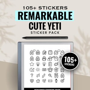 Può includere: Un tablet digitale con uno stilo nero e un pacchetto di adesivi. Il pacchetto di adesivi presenta più di 105 adesivi con simpatici disegni di yeti. Il testo sull'immagine recita "REMARKABLE CUTE YETI STICKER PACK."