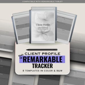 May include: A digital client profile tracker template for a Remarkable tablet, featuring a central screen displaying a floral graphic and the text Client Profile, surrounded by various gray-scale planning templates and a black stylus pen.