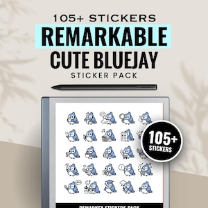 May include: A digital tablet displays a sticker pack with blue jay illustrations. The text reads "105+ Stickers, Remarkable Cute Bluejay Sticker Pack." A black stylus rests above the tablet. A circular sticker on the tablet reads "105+ Stickers."
