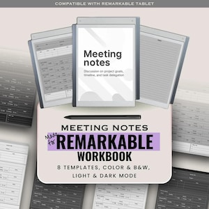 Könnte beinhalten: Ein digitales Meeting-Notizbuch für Remarkable-Tablets mit acht Vorlagen in Farbe, Schwarz-Weiß, Hell- und Dunkelmodus. Das Display zeigt ein zentrales Tablet mit Meeting-Notizen, umgeben von verschiedenen Layout-Seiten und einem Eingabestift.