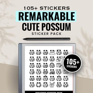 Peut inclure: Un pack d'autocollants numériques comprenant plus de 105 illustrations en noir et blanc de possums mignons dans diverses activités, affiché sur un écran de tablette avec un stylet noir au-dessus. Le texte indique 105+ STICKERS REMARKABLE CUTE POSSUM STICKER PACK.