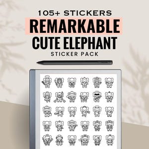 May include: A digital tablet displays a collection of black and white elephant stickers. The text above reads "105+ Stickers, Remarkable Cute Elephant Sticker Pack." A black stylus rests above the tablet.