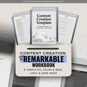 May include: A digital content creation template for a Remarkable tablet, featuring a black stylus and multiple workbook pages in light and dark modes. The text reads Content Creation Template, Made for Remarkable Workbook, 8 Templates, Colour & B&W.