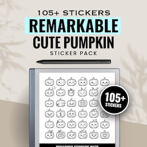 May include: A digital sticker pack featuring 105+ cute pumpkin illustrations displayed on a tablet screen with a black stylus. The text reads 105+ STICKERS REMARKABLE CUTE PUMPKIN STICKER PACK. The pumpkins have various expressions and accessories.